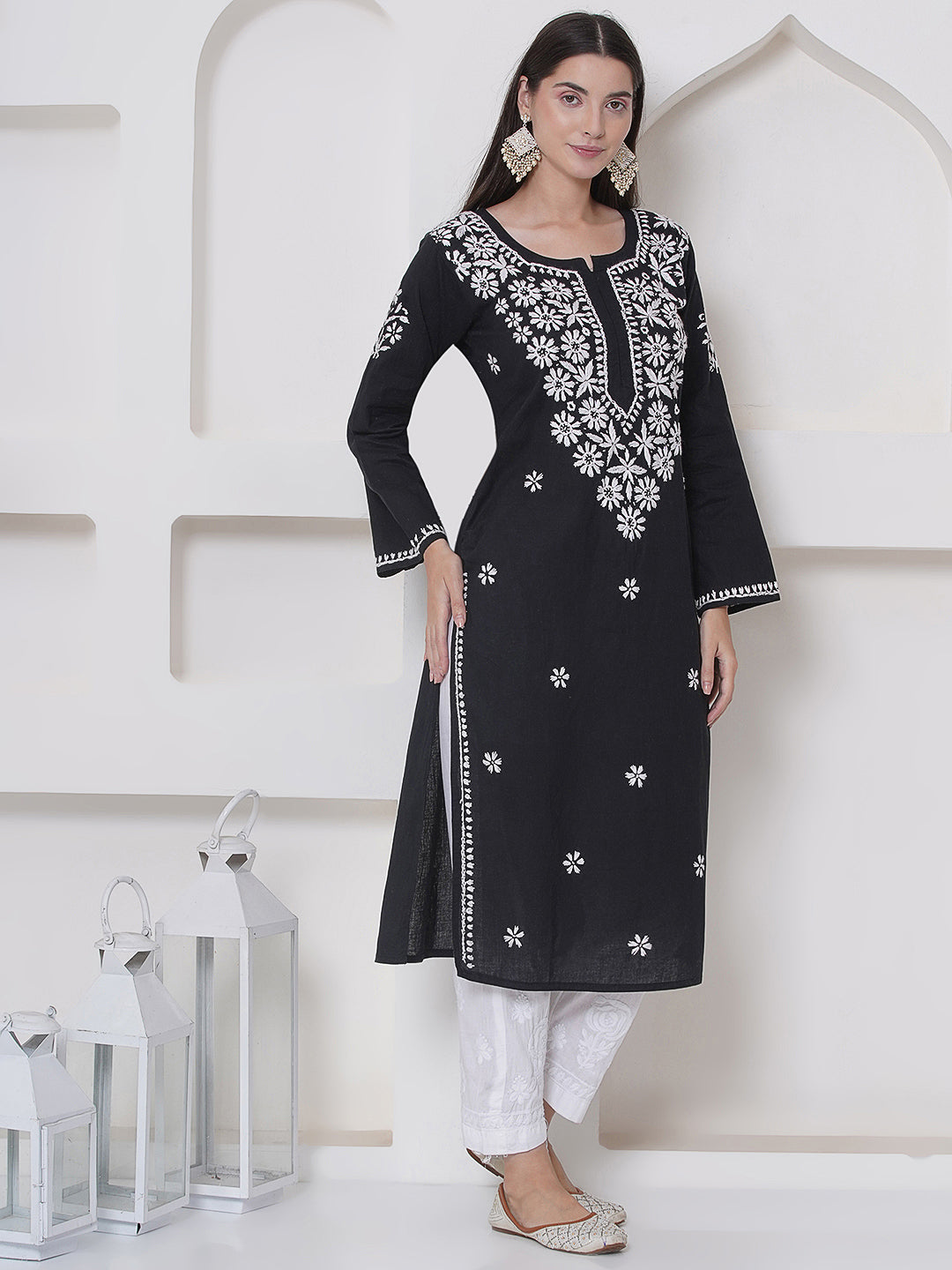 Black Cotton Chikankari Kurti For Women