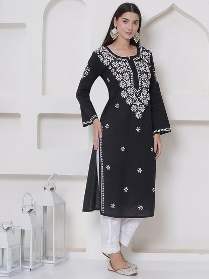 Black Cotton Chikankari Kurti For Women