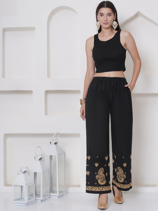 Black Golden Cotton Chikankari Plazzo For Women