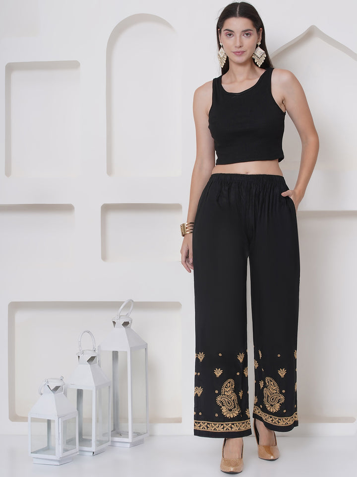 Black Golden Cotton Chikankari Plazzo For Women