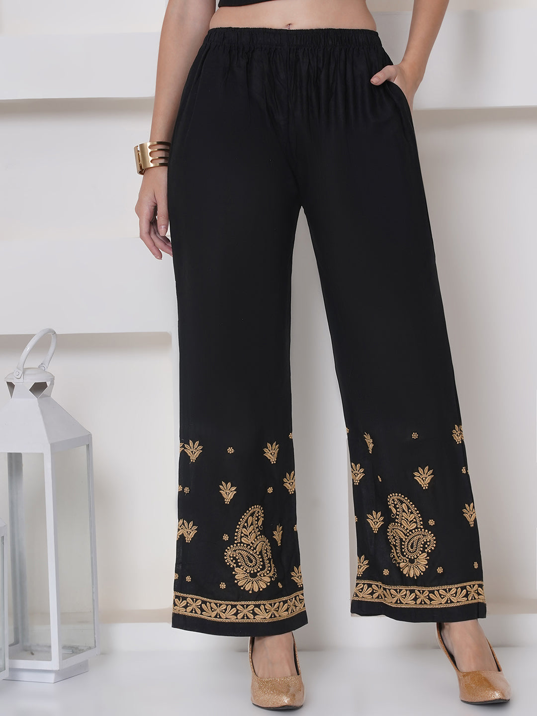 Black Golden Cotton Chikankari Plazzo For Women