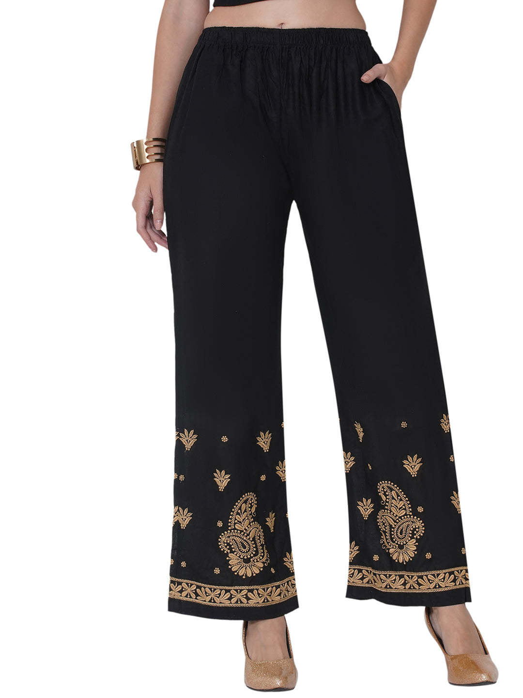 Black Golden Cotton Chikankari Plazzo For Women