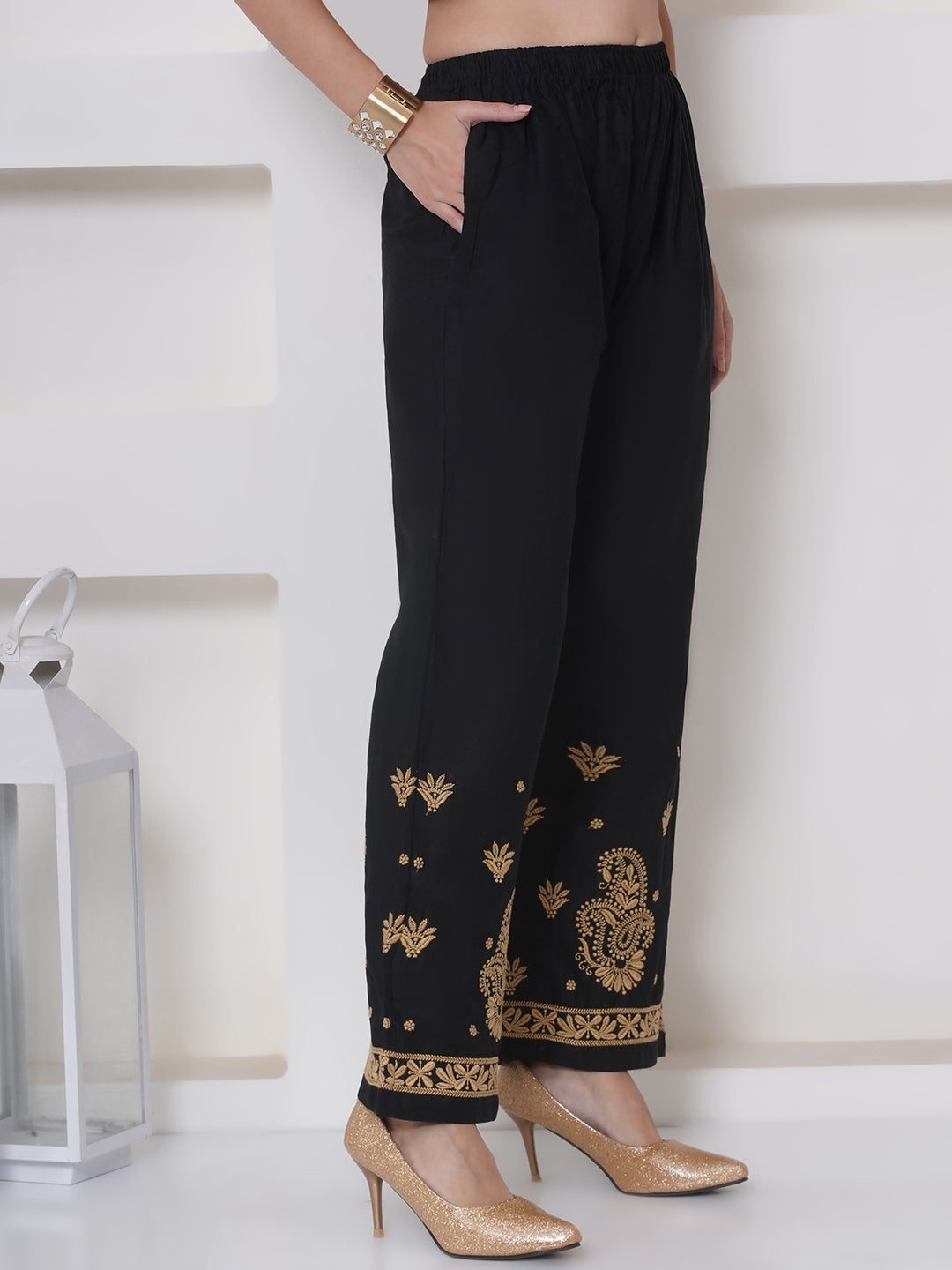 Black Golden Cotton Chikankari Plazzo For Women