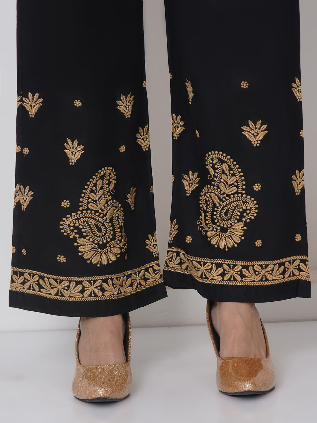 Black Golden Cotton Chikankari Plazzo For Women