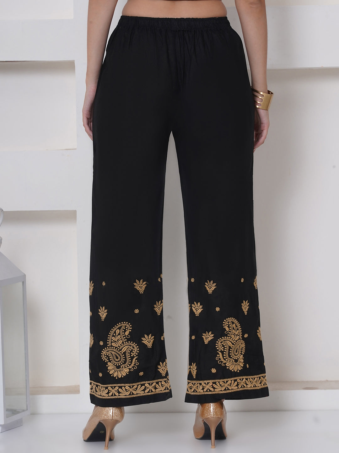Black Golden Cotton Chikankari Plazzo For Women