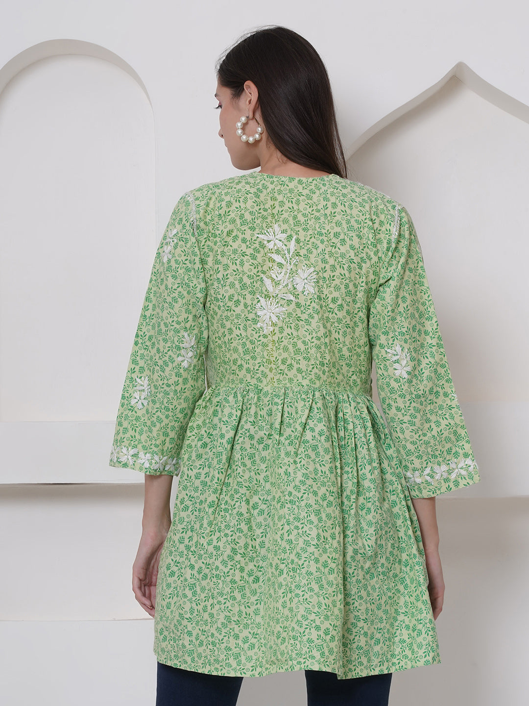 Green Cotton Chikankari Short Top For Women