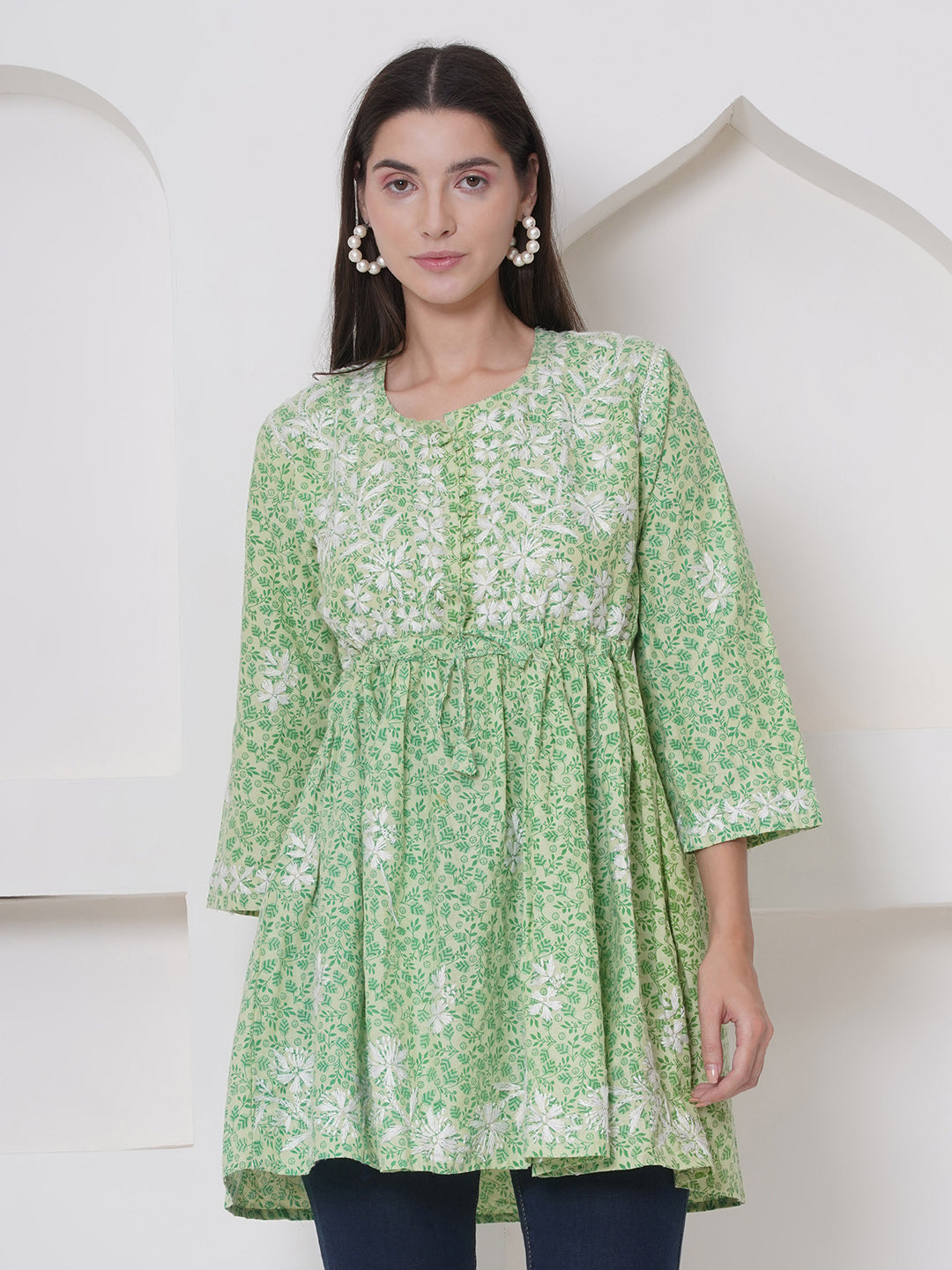 Green Cotton Chikankari Short Top For Women