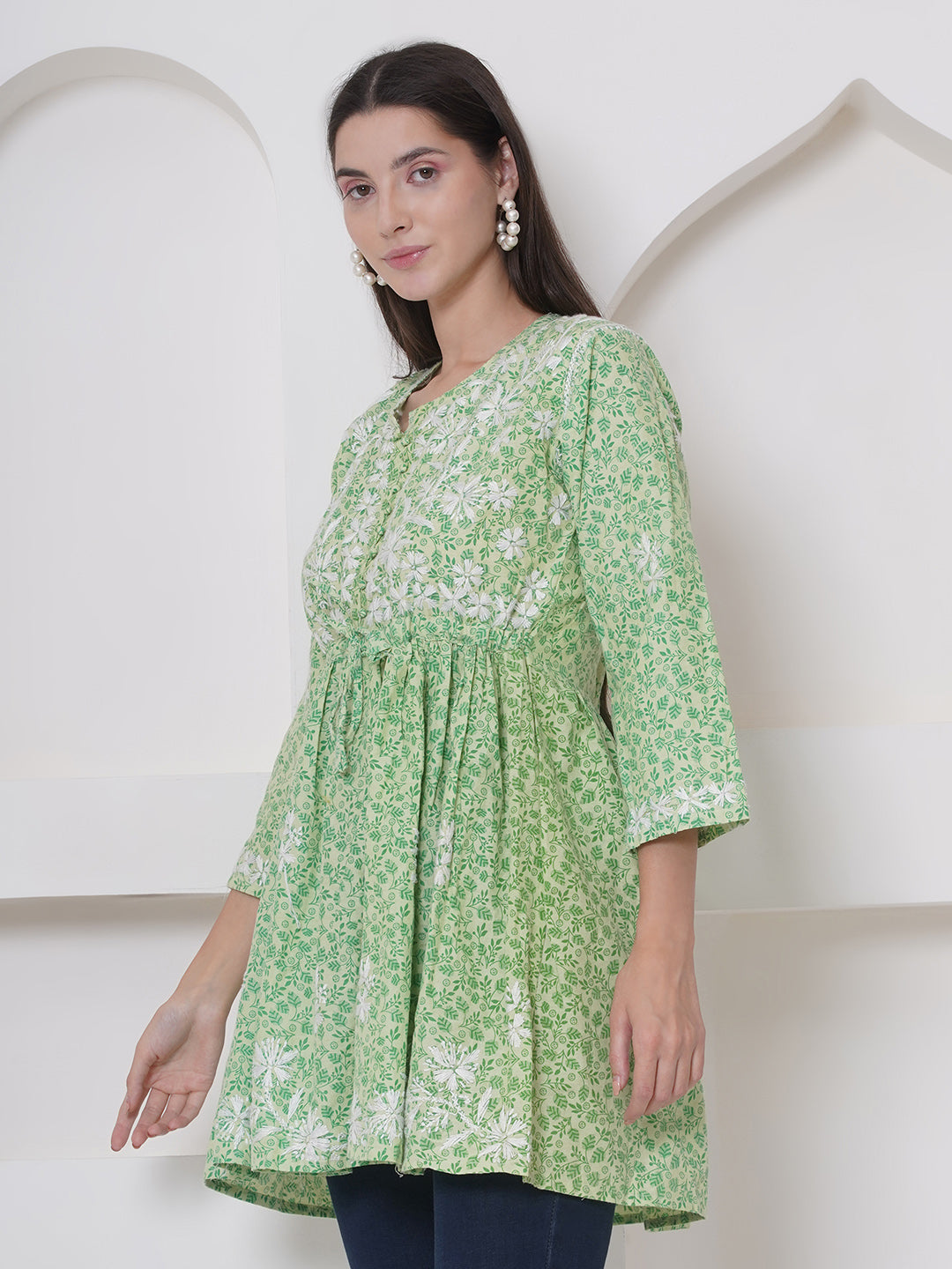 Green Cotton Chikankari Short Top For Women