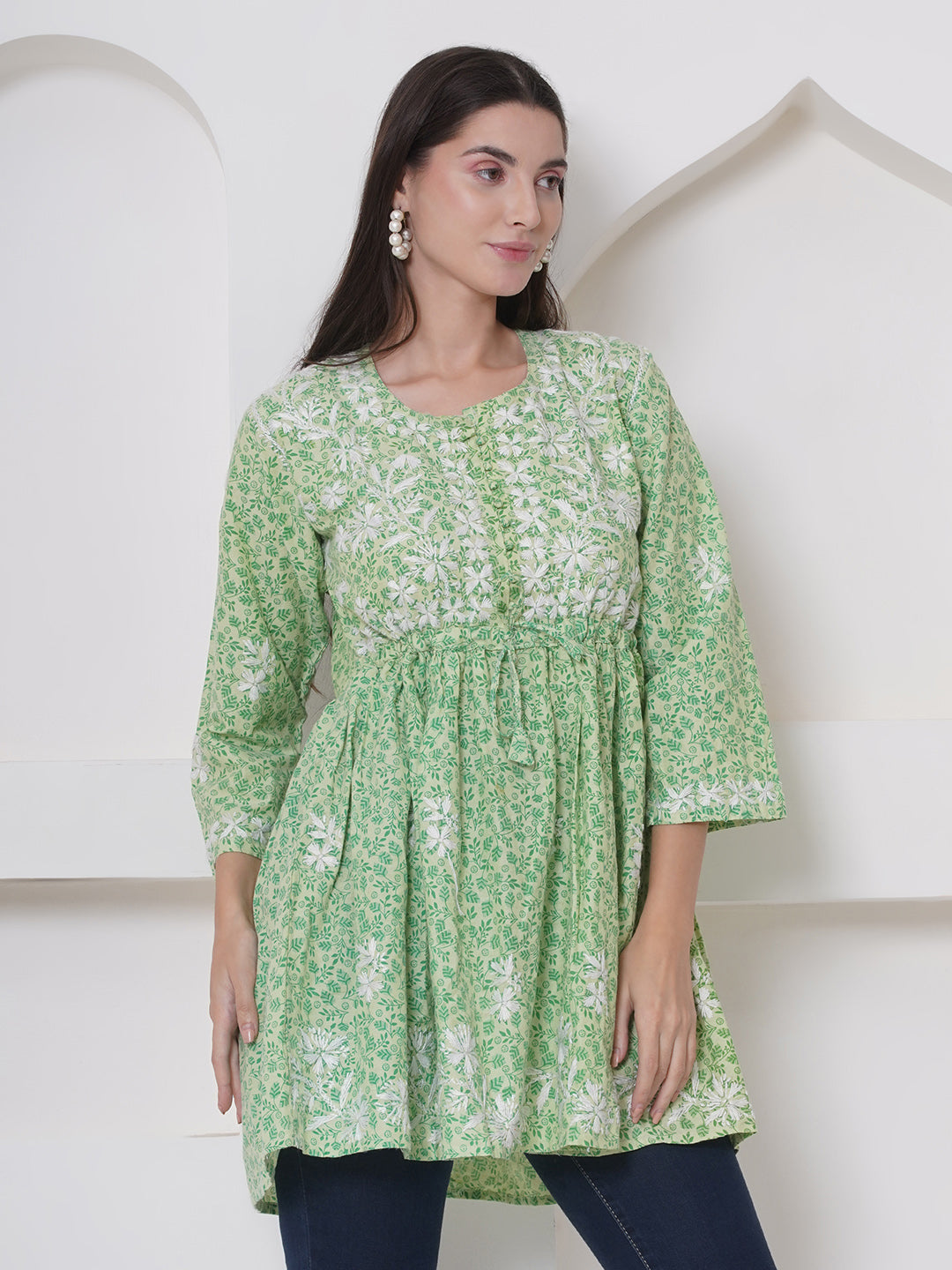 Green Cotton Chikankari Short Top For Women