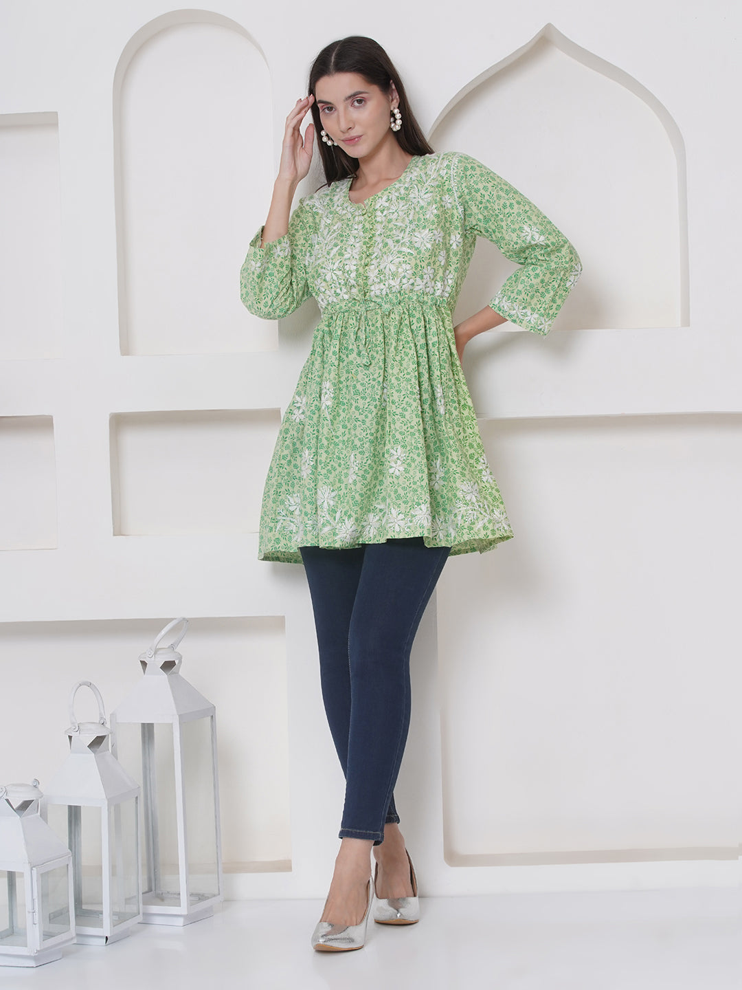 Green Cotton Chikankari Short Top For Women