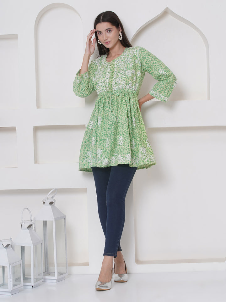 Green Cotton Chikankari Short Top For Women