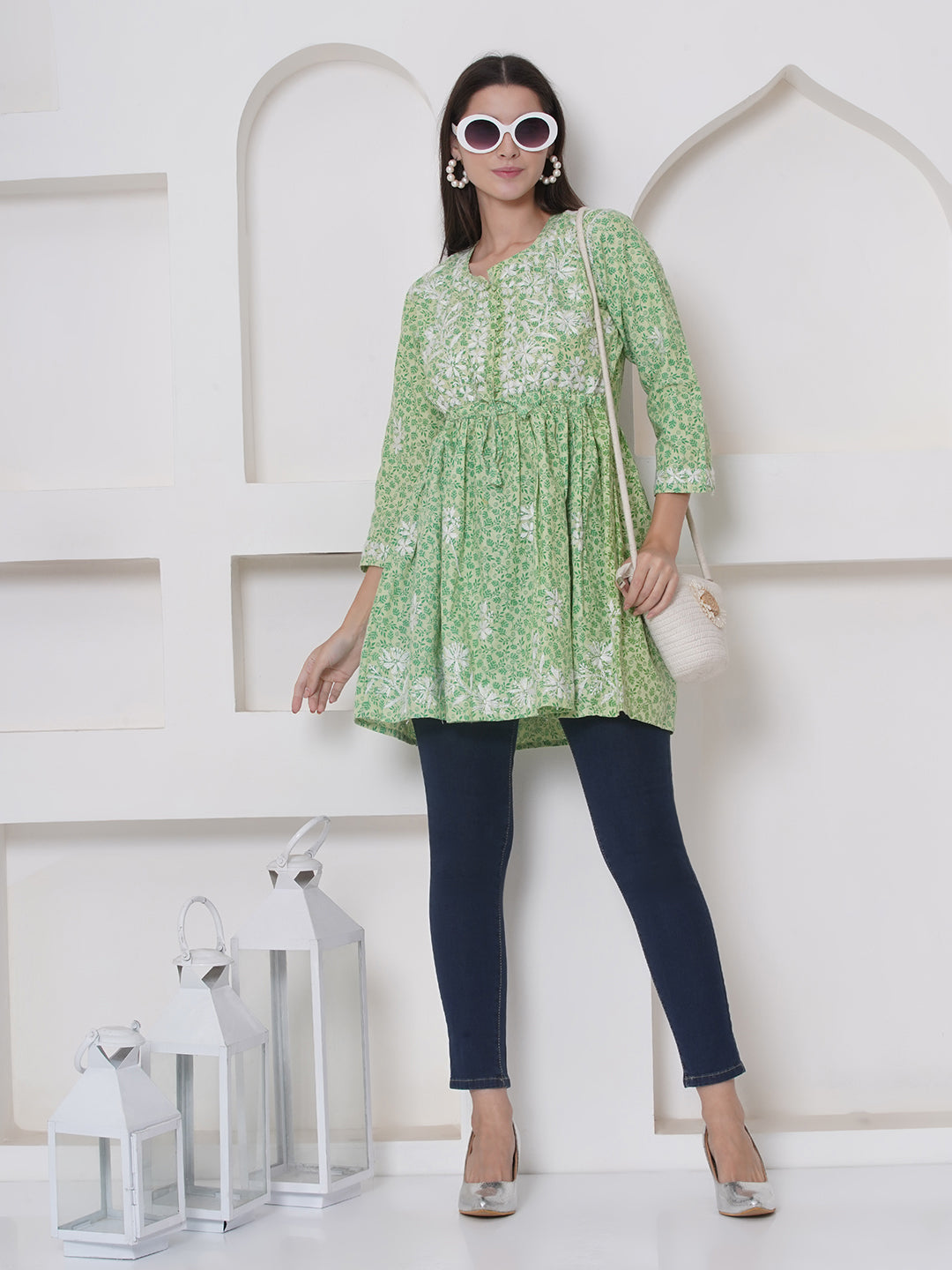 Green Cotton Chikankari Short Top For Women