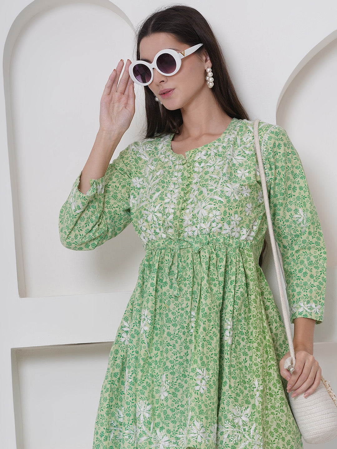 Green Cotton Chikankari Short Top For Women