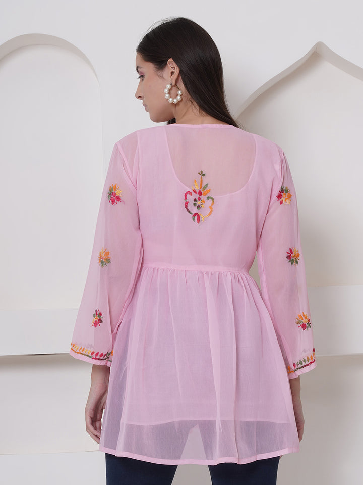 Pink Cotton Chikankari Short Top For Women By Saahiba | 70% OFF Today