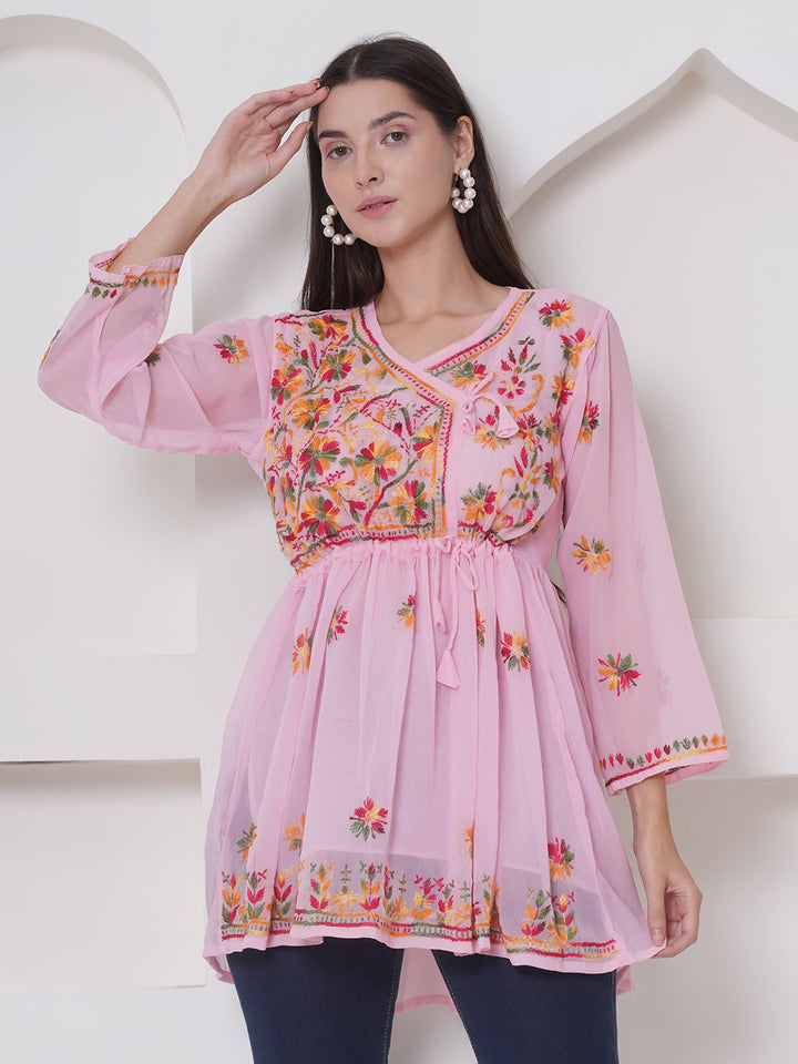 Pink Cotton Chikankari Short Top For Women By Saahiba | 70% OFF Today