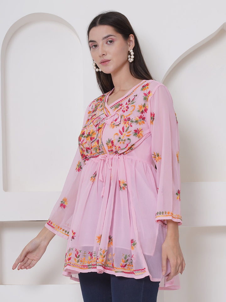 Pink Cotton Chikankari Short Top For Women By Saahiba | 70% OFF Today