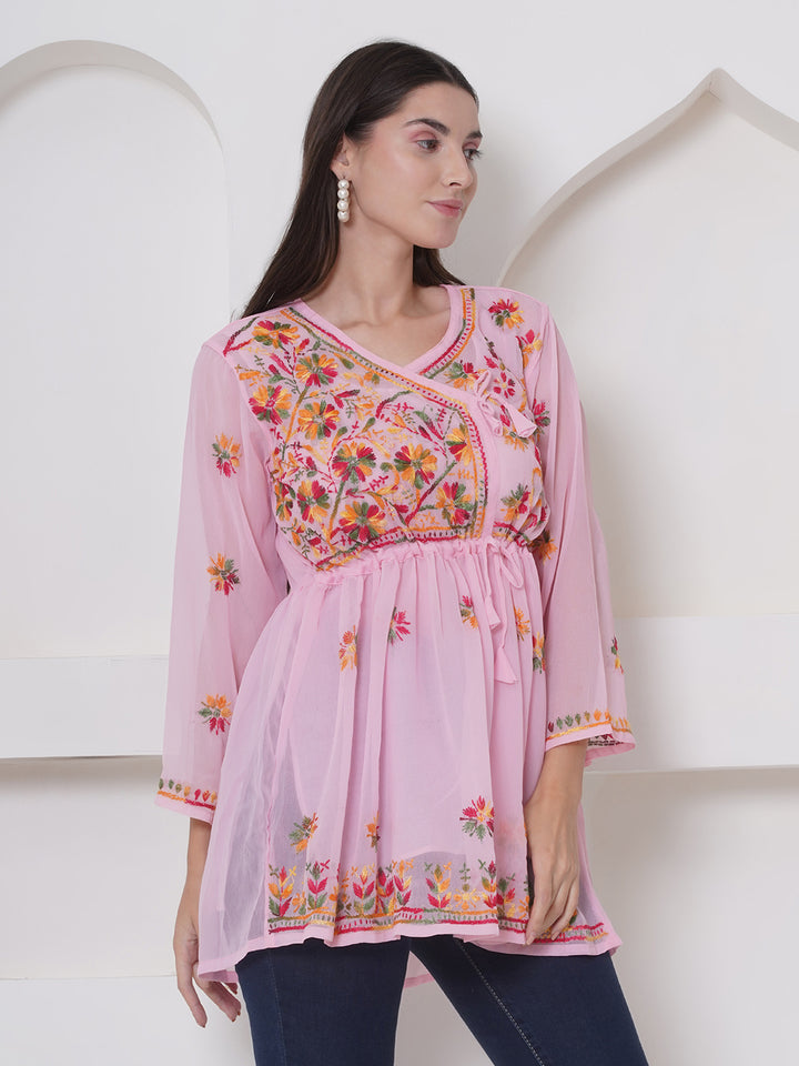 Pink Cotton Chikankari Short Top For Women By Saahiba | 70% OFF Today