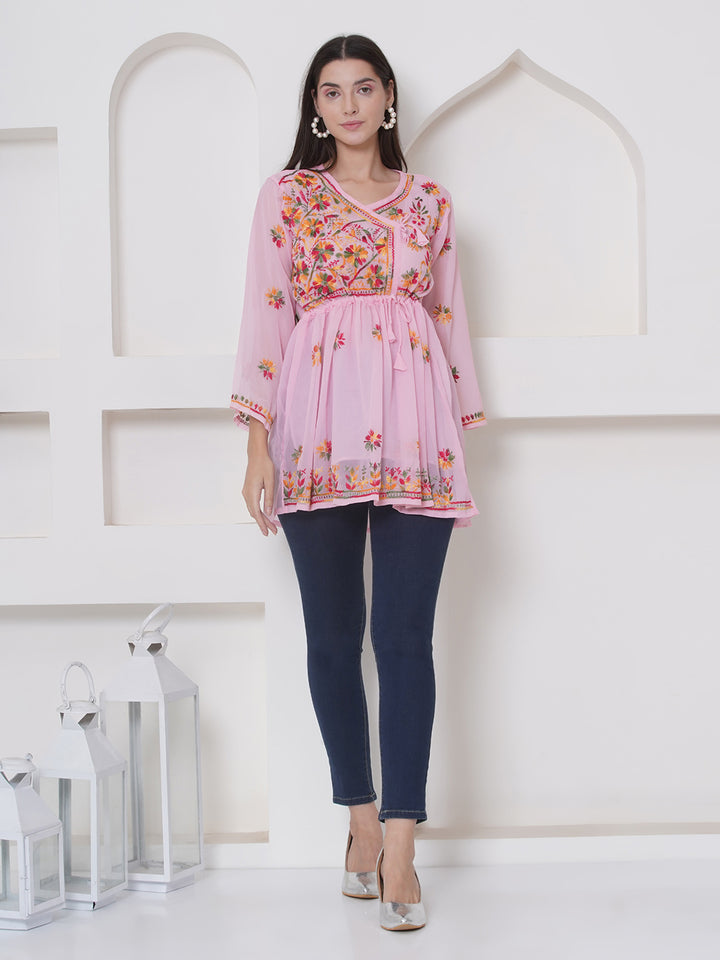 Pink Cotton Chikankari Short Top For Women By Saahiba | 70% OFF Today