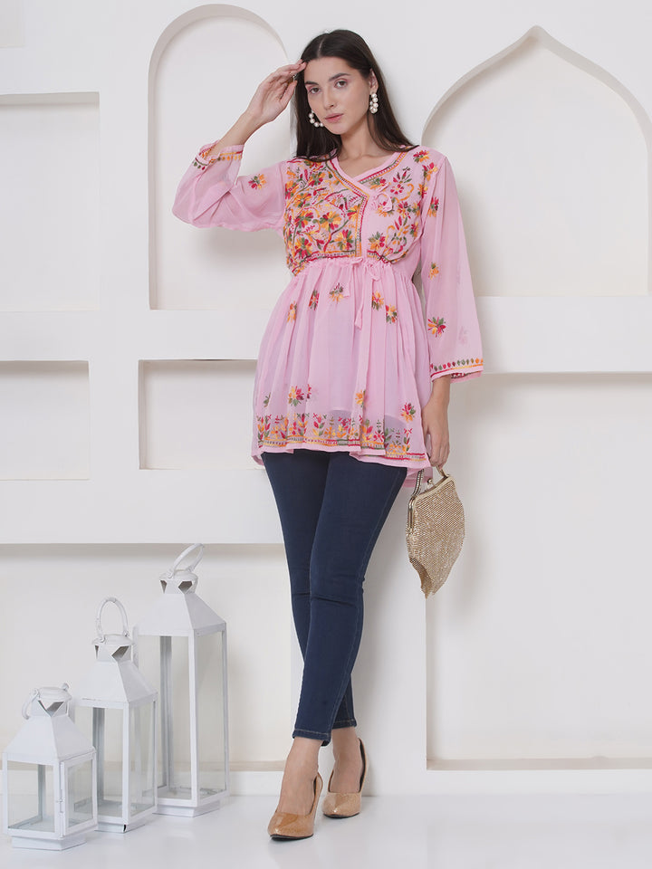 Pink Cotton Chikankari Short Top For Women By Saahiba | 70% OFF Today
