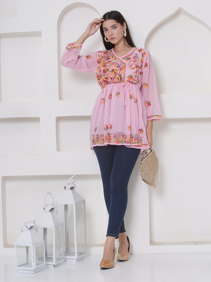Pink Cotton Chikankari Short Top For Women By Saahiba | 70% OFF Today