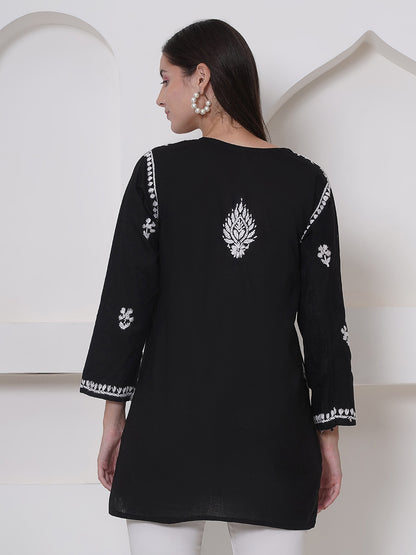 Black Cotton Chikankari Short Top For Women