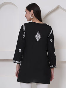 Black Cotton Chikankari Short Top For Women