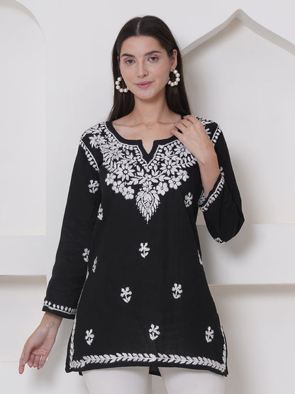 Black Cotton Chikankari Short Top For Women