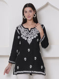 Black Cotton Chikankari Short Top For Women