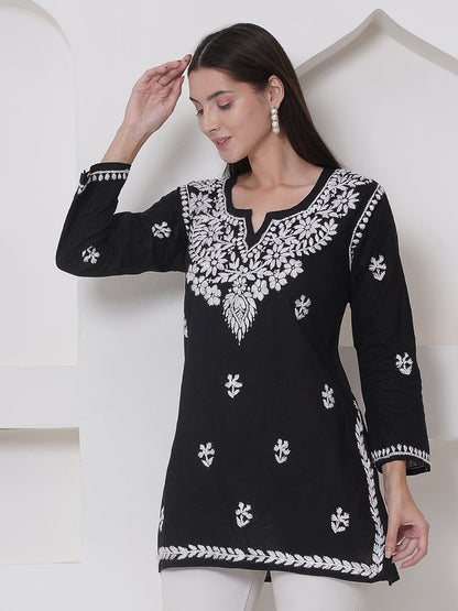 Black Cotton Chikankari Short Top For Women