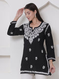 Black Cotton Chikankari Short Top For Women