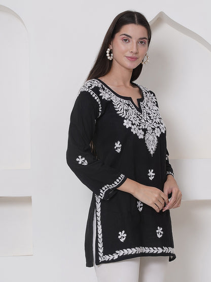Black Cotton Chikankari Short Top For Women