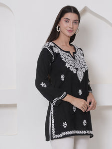 Black Cotton Chikankari Short Top For Women