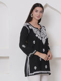 Black Cotton Chikankari Short Top For Women