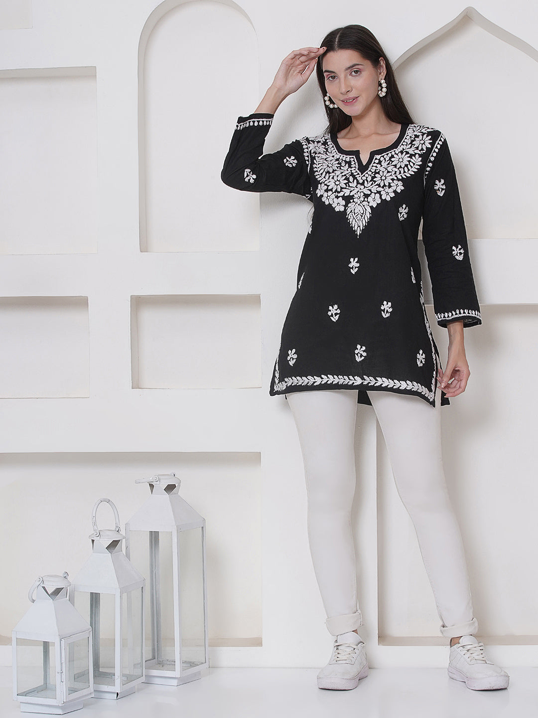 Black Cotton Chikankari Short Top For Women