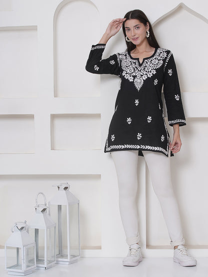 Black Cotton Chikankari Short Top For Women