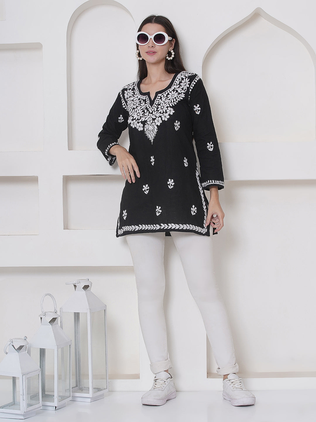 Black Cotton Chikankari Short Top For Women
