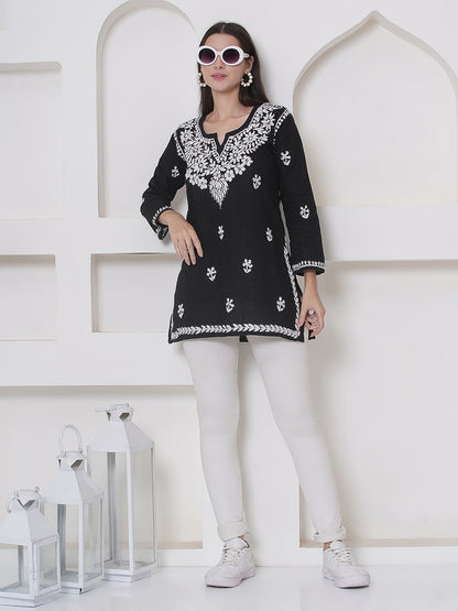 Black Cotton Chikankari Short Top For Women