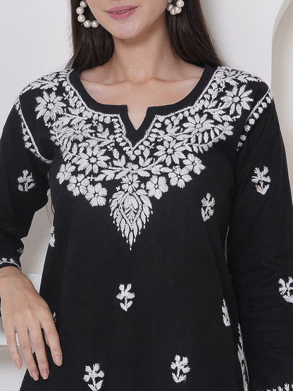 Black Cotton Chikankari Short Top For Women