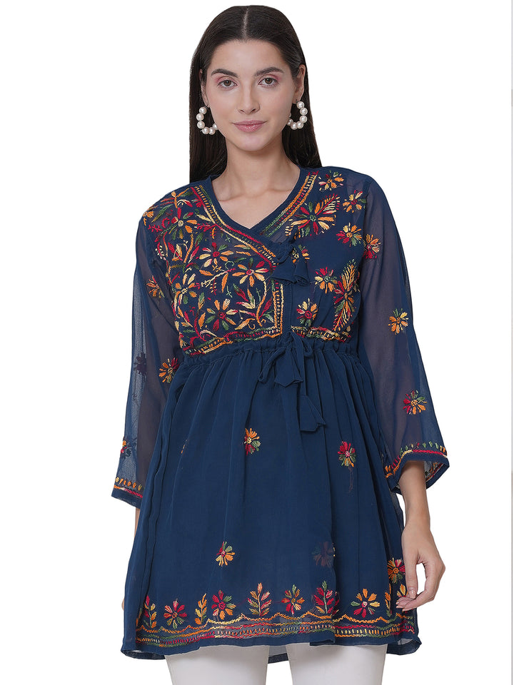 Teal Cotton Chikankari Short Top For Women