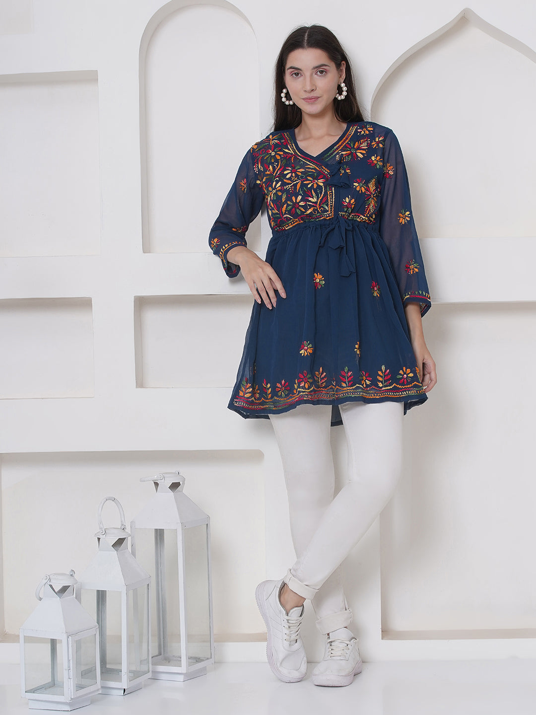 Combo Teal Cotton Chikankari Short Top For Women  and Chikankari Pant By Saahiba | 70% OFF Today