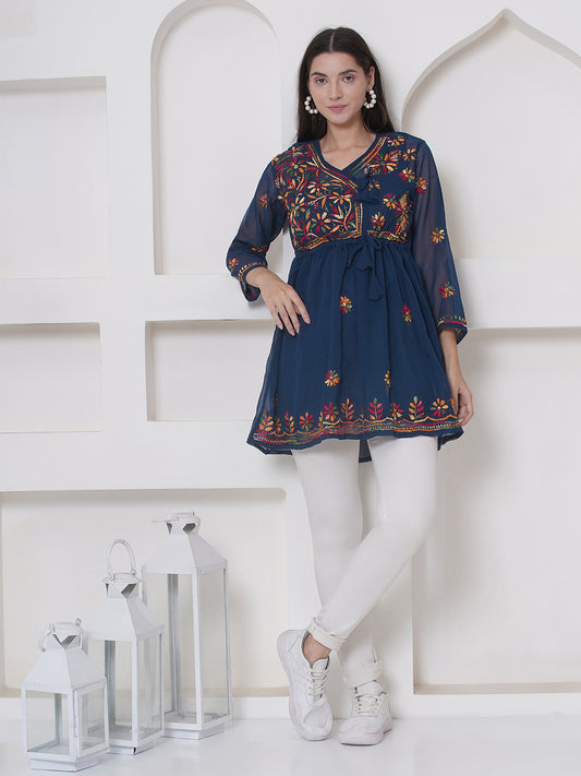 Combo Teal Cotton Chikankari Short Top For Women  and Chikankari Pant By Saahiba | 70% OFF Today
