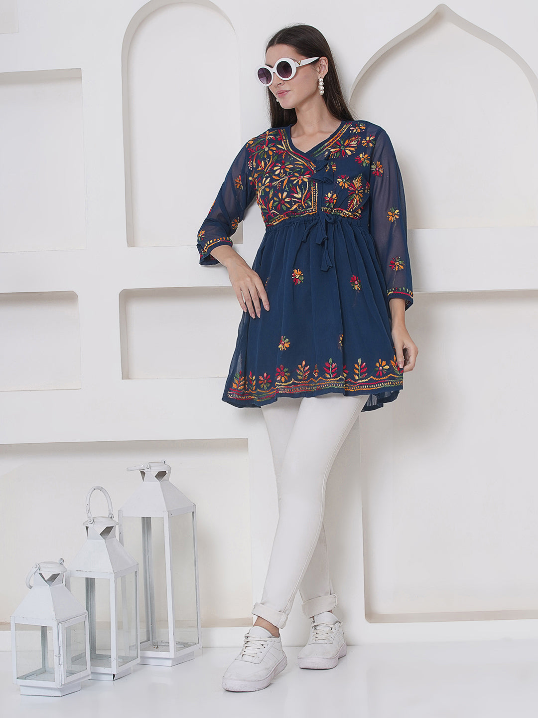 Combo Teal Cotton Chikankari Short Top For Women  and Chikankari Pant By Saahiba | 70% OFF Today