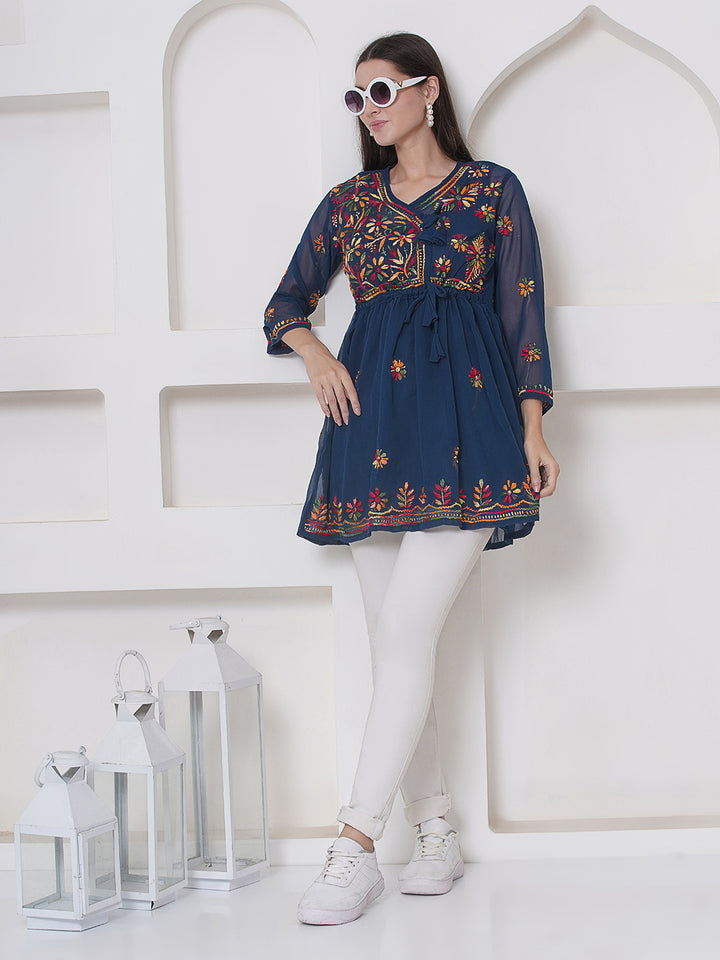 Teal Cotton Chikankari Short Top For Women