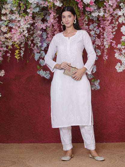 White Cotton Chikankari Kurti For Women