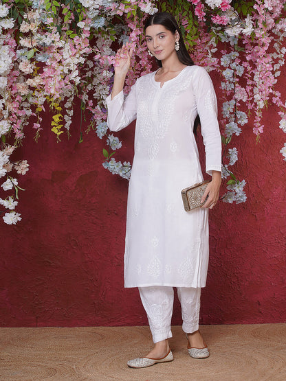 White Cotton Chikankari Kurti For Women