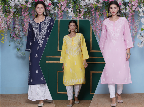 Combo ōf 3 Chikankari Kurti For Women By Saahiba (3 Cotton Kurti) | 70% OFF Today