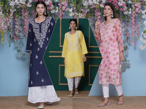 Combo ōf 3 Chikankari Kurti For Women By Saahiba (2 Cotton + 1 Kota Doria) | 70% OFF Today